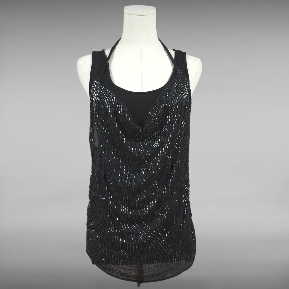 Vintage Y2K Guess Goth Glam Black Beaded Cowl Neck Racerback Tank Top Womens M